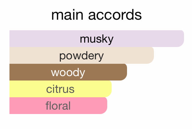 Main accords of Zimaya Musk Perfume including musky, powdery, woody, citrus, floral notes