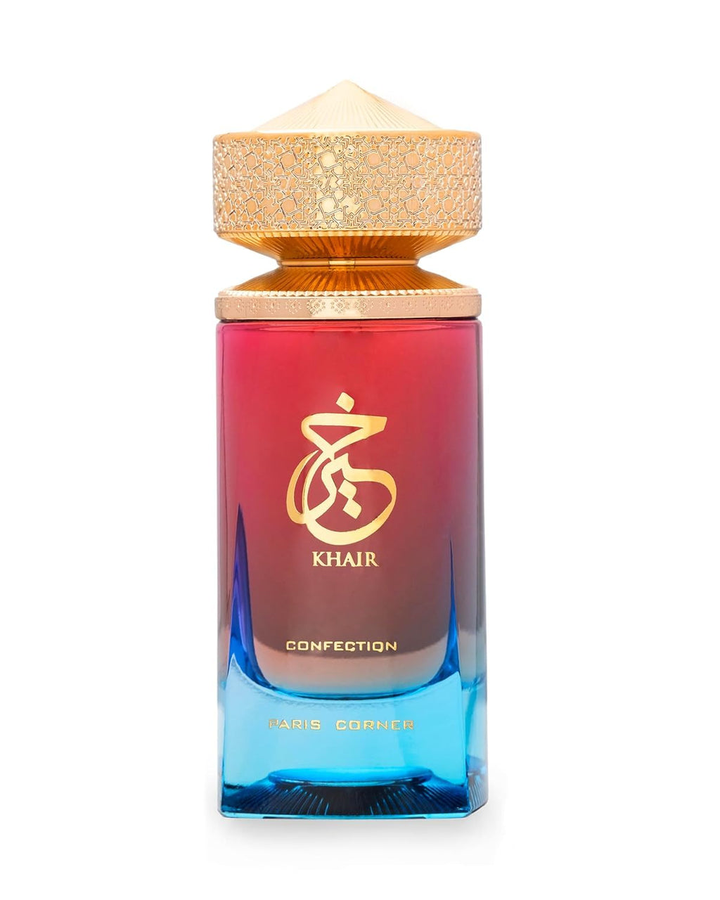 Khair Confections by Paris Corner 100ml EDP perfume bottle with gold cap and gradient red-to-blue glass design, ideal for summer and gourmand scent lovers.