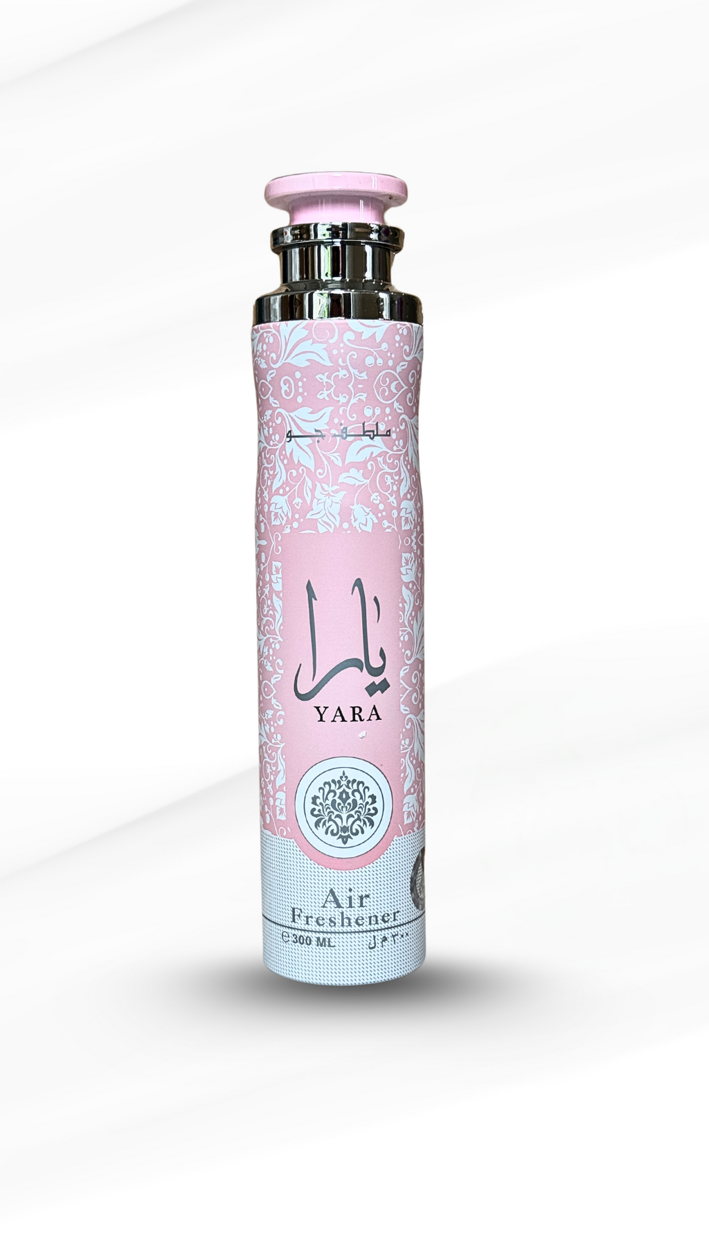 Lattafa Yara Pink air freshener in a 300ml decorative pink canister with floral and fruity notes, ideal for home fragrance use.