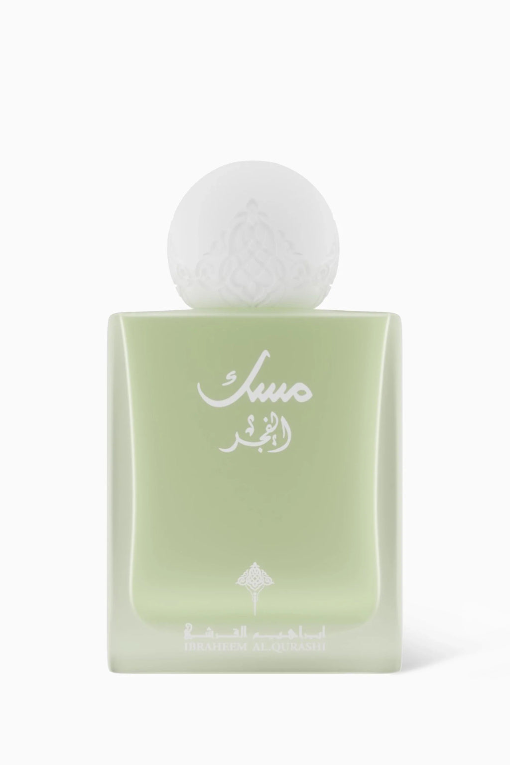 Musk Al Fajr by Ibraheem AlQuraishi 75ml Eau de Parfum in a frosted green bottle with Arabic calligraphy, ideal for floral fruity gourmand lovers.