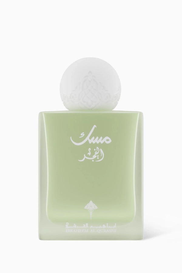 Musk Al Fajr by Ibraheem AlQuraishi 75ml Eau de Parfum in a frosted green bottle with Arabic calligraphy, ideal for floral fruity gourmand lovers.