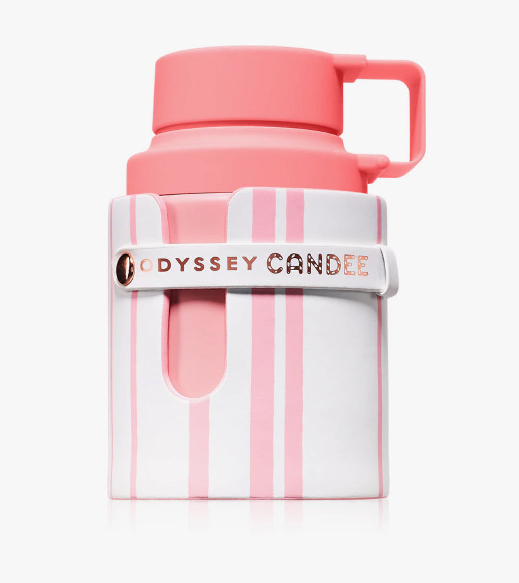 Odyssey Candee By Armaf 100ml EDP perfume bottle in pink and white with a modern, playful design, ideal for sweet and fruity summer scents.