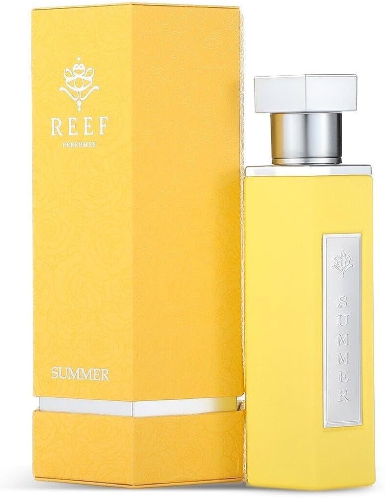 REEF Summer Yellow EDP 100ml with matching yellow box, showcasing a sweet, tangy, and vanilla-infused fragrance for health and beauty lovers.