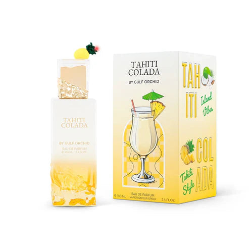Tahiti Colada By Gulf Orchid 100ml EDP perfume with packaging featuring a tropical cocktail illustration, perfect for fruity, gourmand, and summer scent collections.