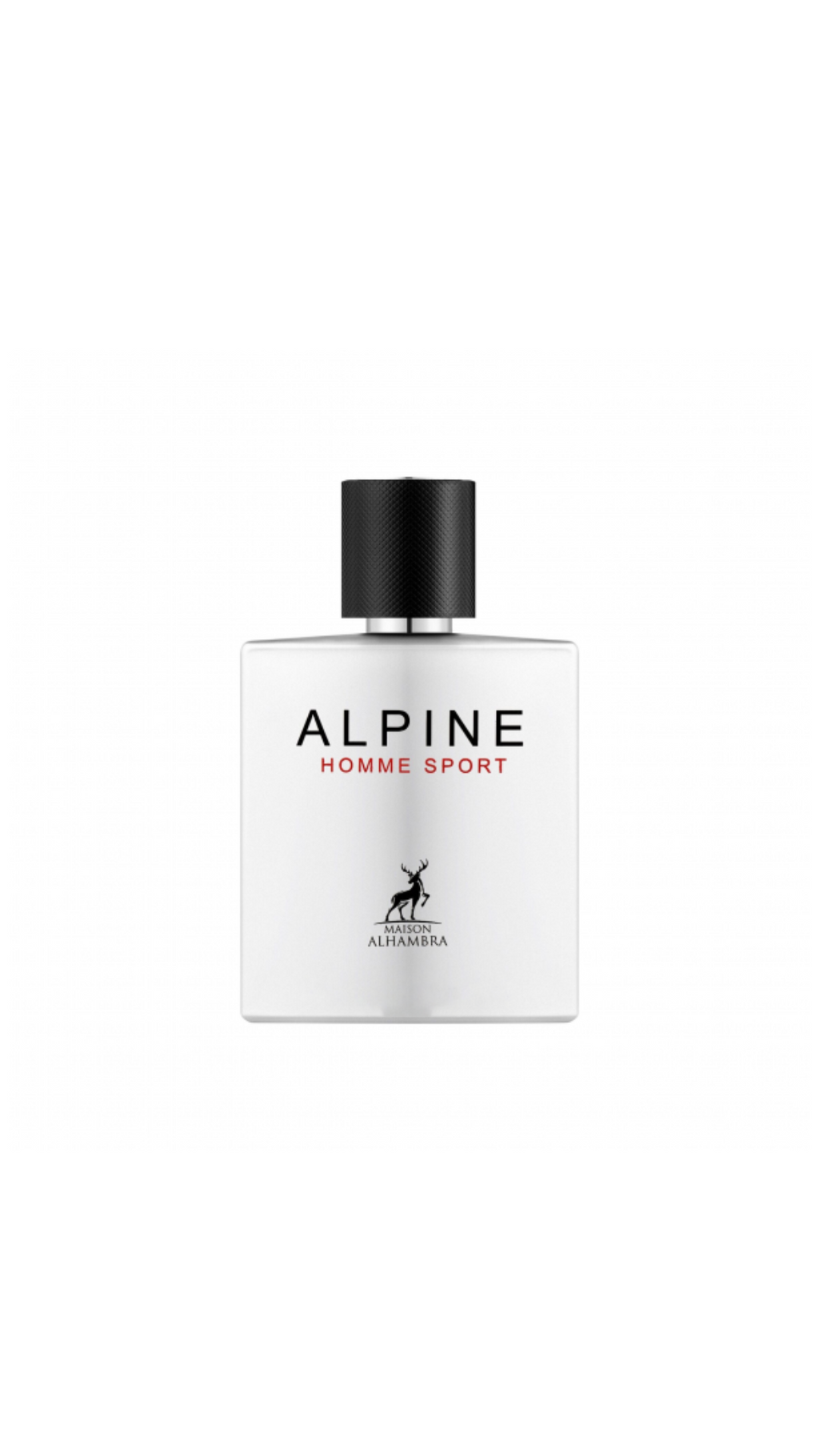 Alpine Homme Sport 100ml EDP bottle with black cap, minimalist design, white background