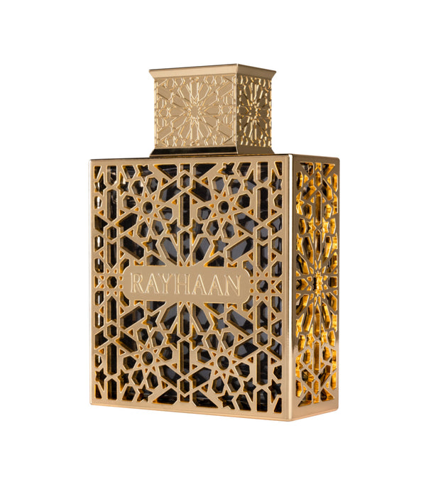 Decorative gold bottle with intricate patterns and 'RAYHAAN' branding on a white background