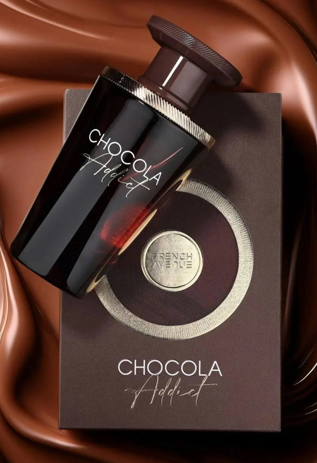 Chocola Addict perfume bottle and packaging on a chocolate background