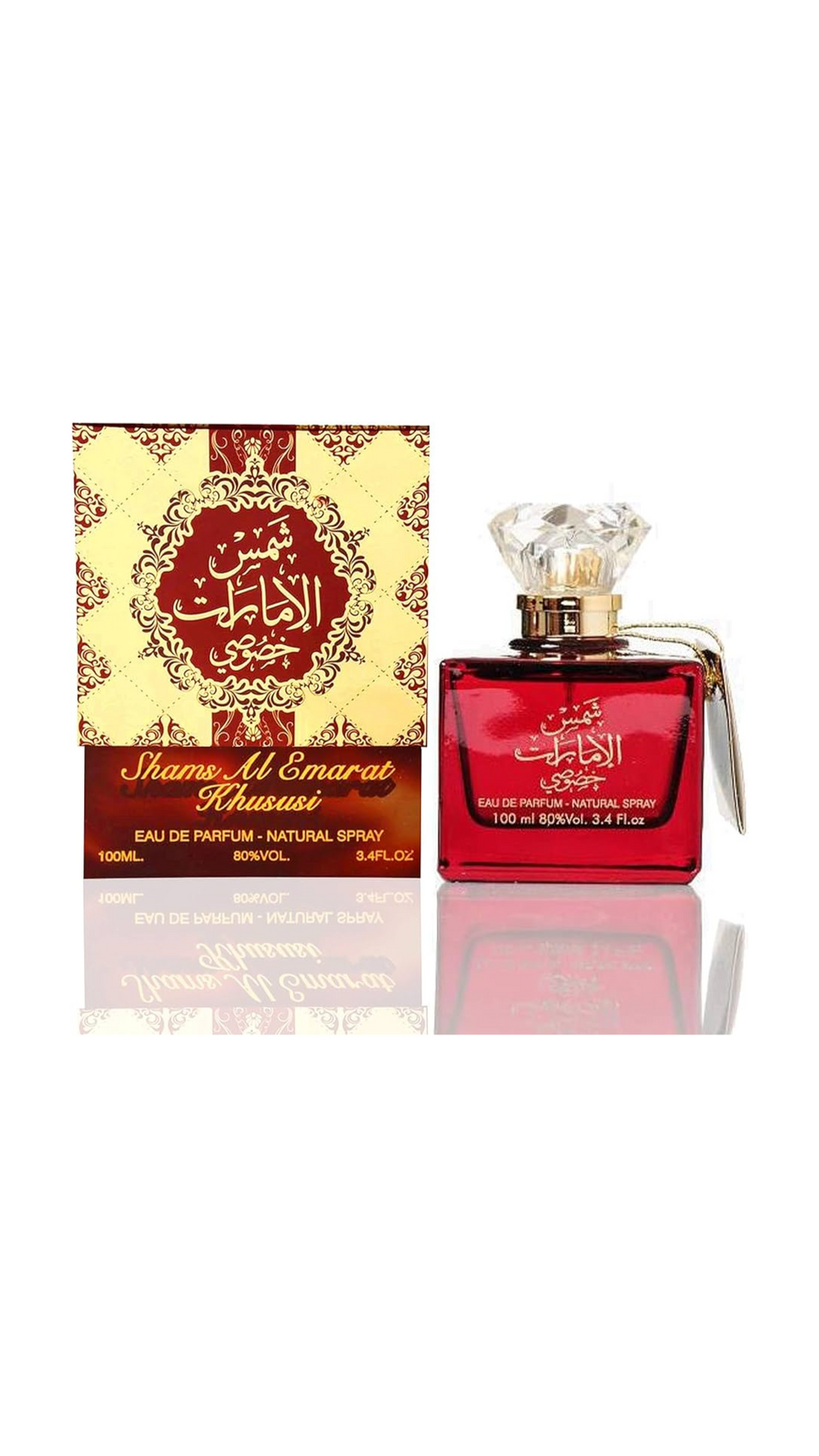 Unisex perfume bottle with red glass and crystal cap, Arabic script label, luxury fragrance
