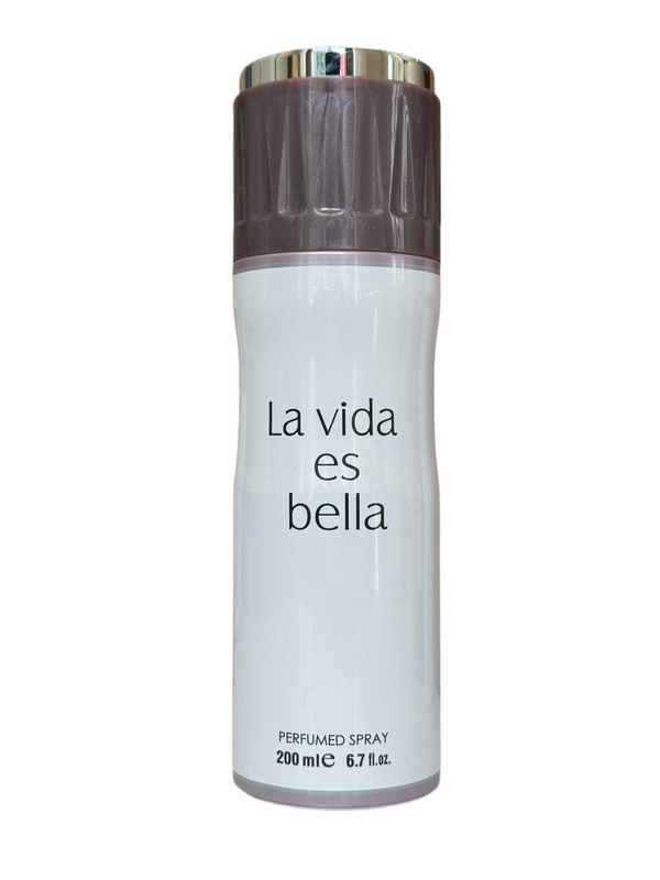 La Vida Es Bella by Fragrance World perfumed Body Spray 200ml in sleek white and brown bottle, ideal for women seeking a sweet floral scent.