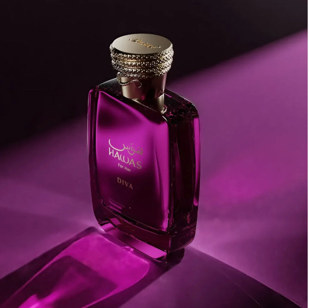 Purple perfume bottle with decorative cap on a purple background