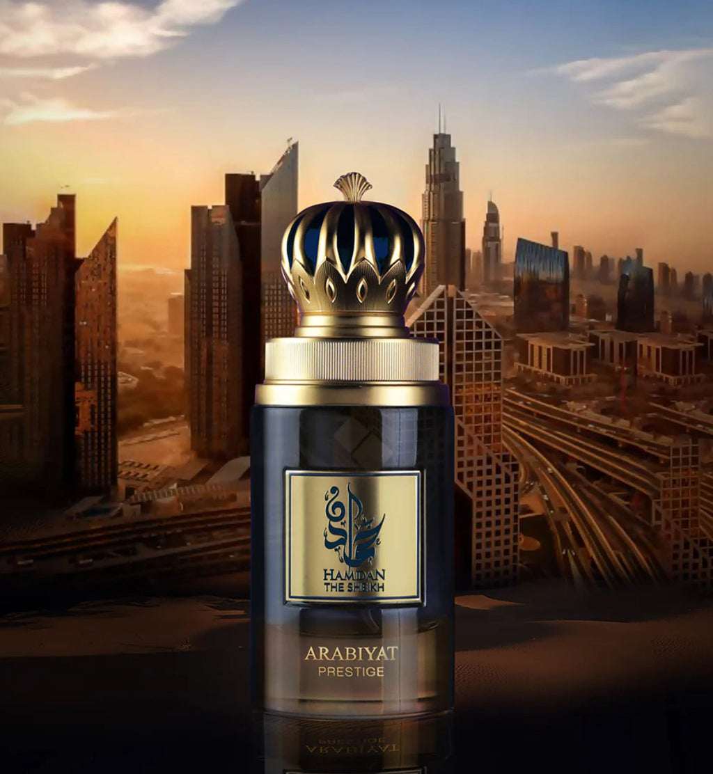 Perfume bottle with gold and black design against a cityscape background