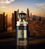 Perfume bottle with gold and black design against a cityscape background
