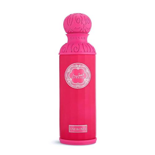 Gissah One & Only 200ml EDP in a bold pink bottle with intricate detailing, ideal for floral, fruity, and musky summer fragrance lovers.