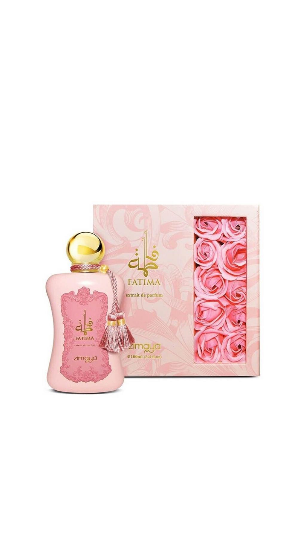 Fatima perfume 100ml EDP by Zimaya with elegant pink gift box featuring rose designs, perfect for gifting floral and powdery fragrances to women.