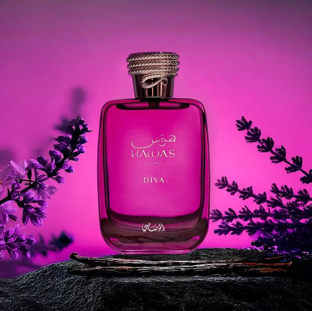Pink perfume bottle labeled 'DIVA' with decorative elements on a pink background