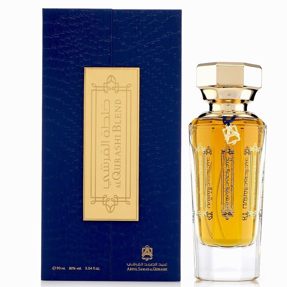 Quraishi Blend by AbdulSamad AlQuraishi 90ml perfume with elegant gold-accented bottle and matching blue and gold retail box, perfect for oud fragrance fans.
