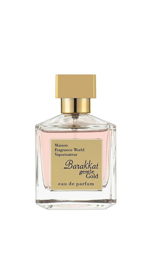 Barakkat Gentle Gold EDP perfume bottle with gold cap and pink liquid