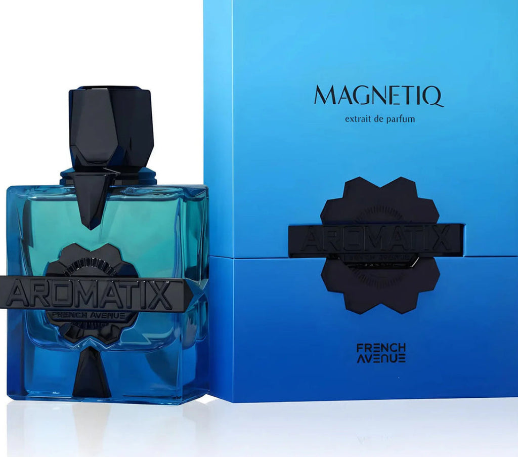 Blue Aromatix perfume bottle and packaging on a white background