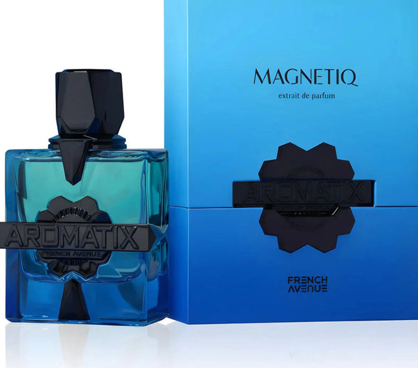 Blue Aromatix perfume bottle and packaging on a white background