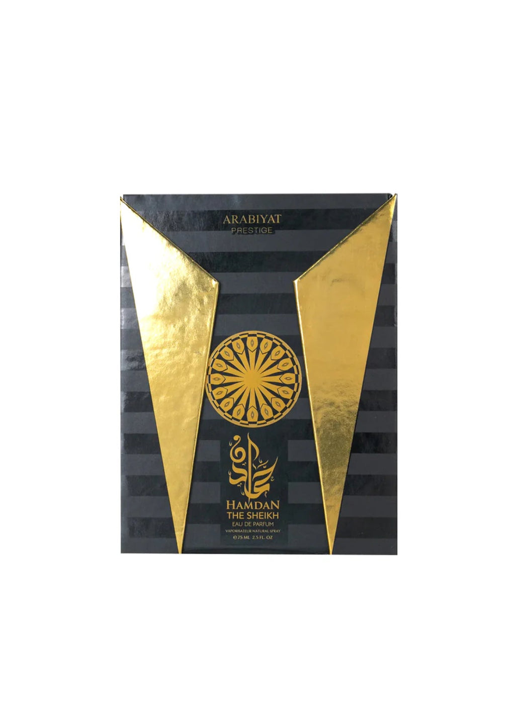 Packaged product with gold and black design on a white background