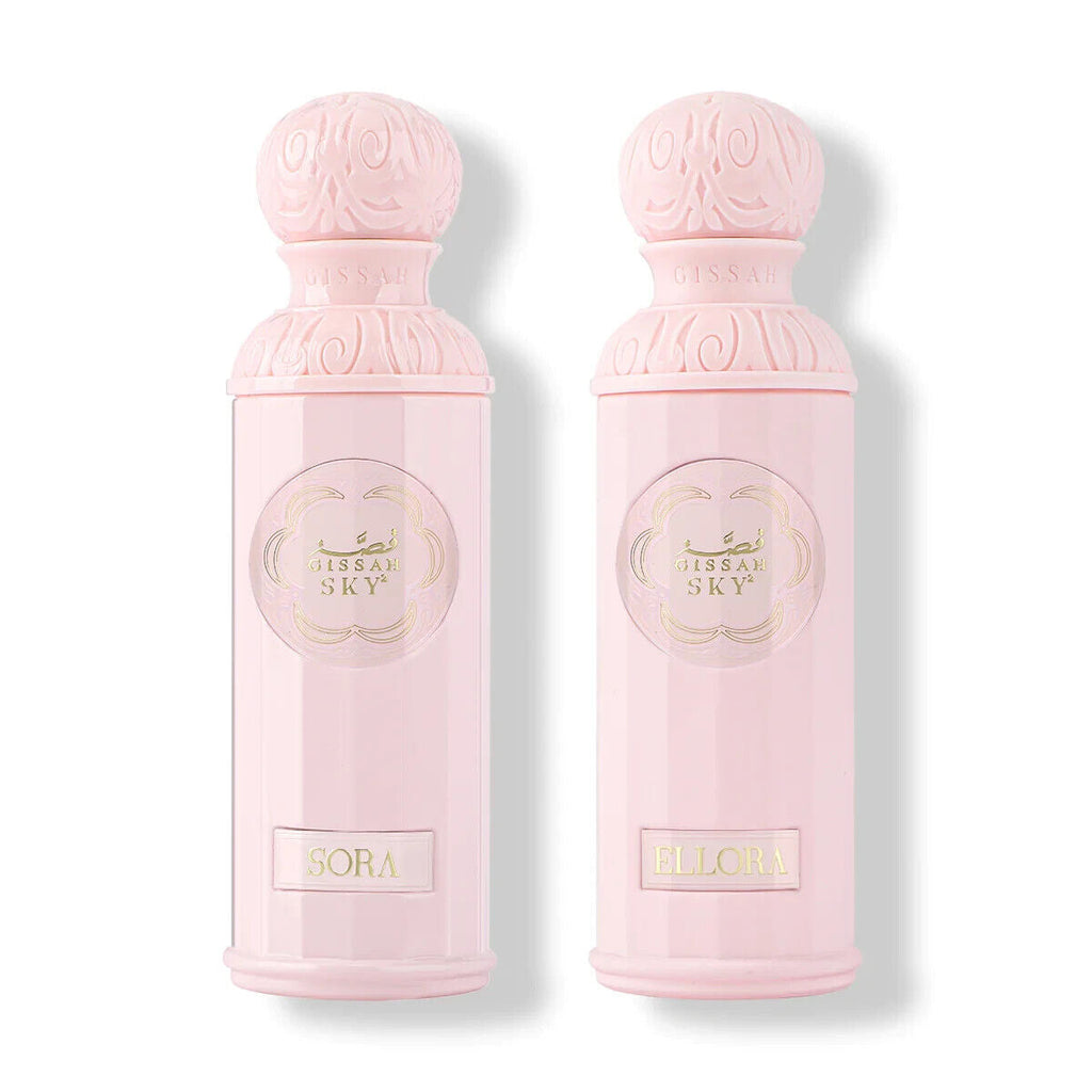 Gissah Legend Of The Sky (Her) 2x90ml EDP features two elegant pink bottles labeled Sora and Ellora, ideal for floral and fruity summer scents.