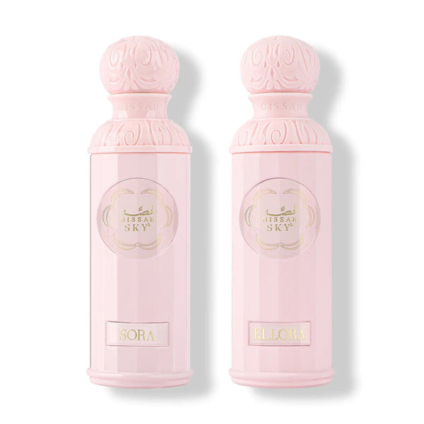 Gissah Legend Of The Sky (Her) 2x90ml EDP features two elegant pink bottles labeled Sora and Ellora, ideal for floral and fruity summer scents.