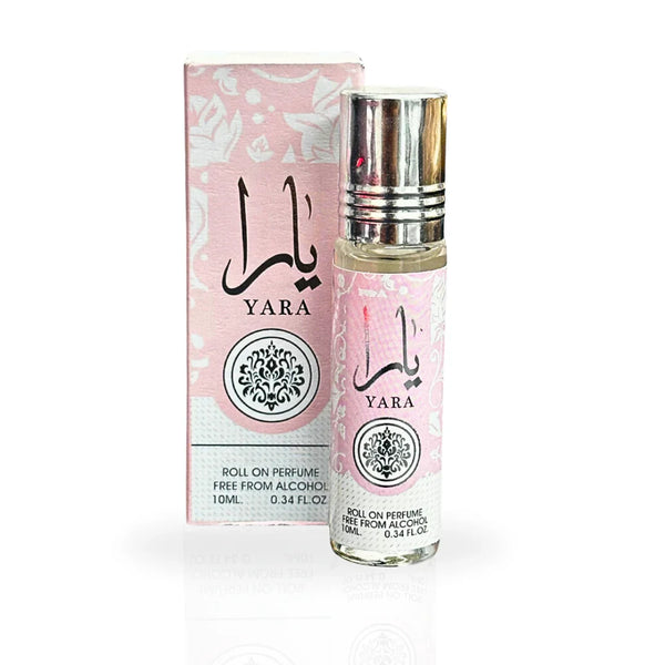 Yara Pink Women’s Perfume 10ml EDP by Lattafa in a compact roll-on bottle with floral packaging, ideal for travel and summer freshness.