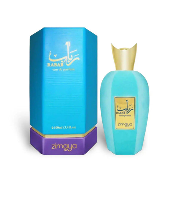 Rabab by Zimaya 100ml EDP with elegant packaging featuring a turquoise bottle and matching box, perfect for lovers of sweet and tangy fragrances.