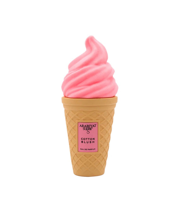 Pink ice cream cone-shaped perfume bottle with 'Arabiyat' label on a white background