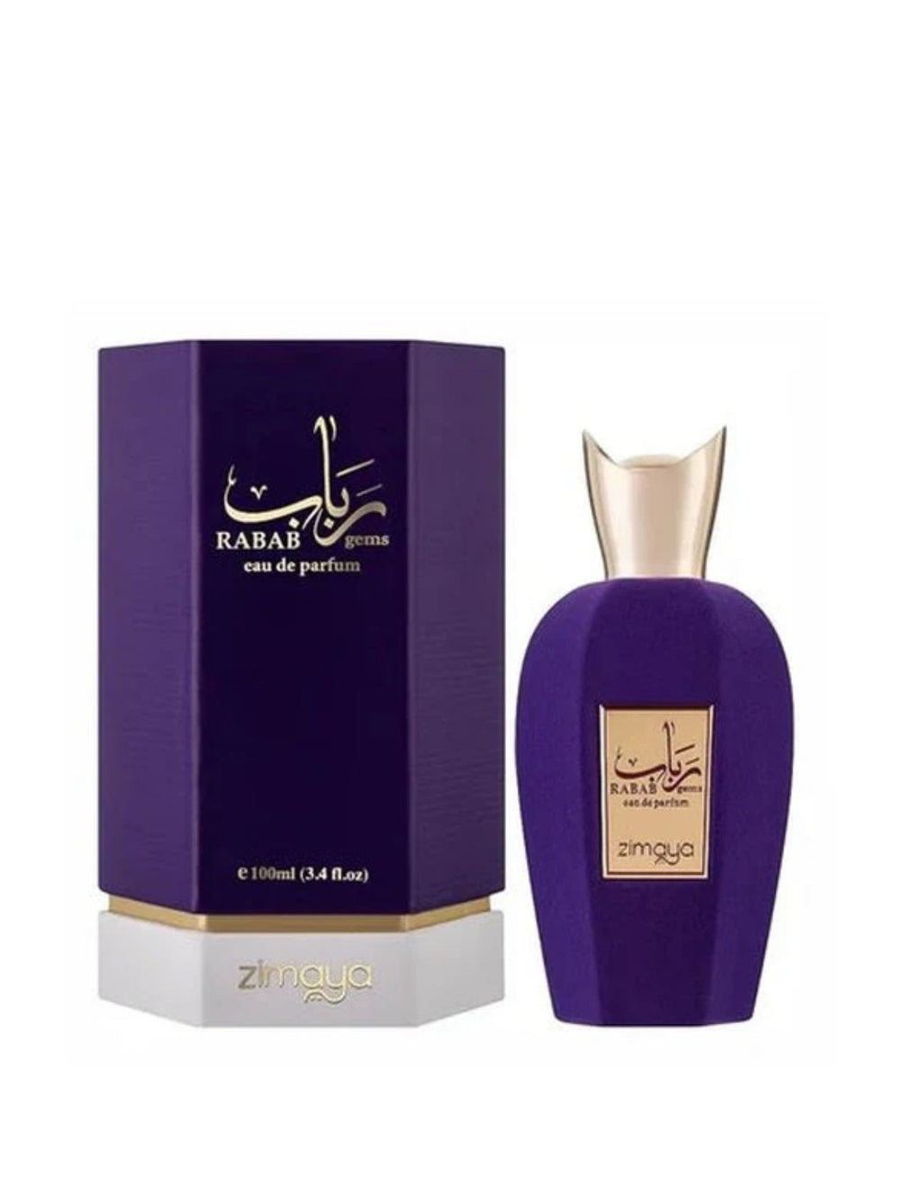 Rabab Gem by Zimaya 100ml EDP with matching purple and gold packaging, a sweet, woody eau de parfum in the perfumes & colognes category.