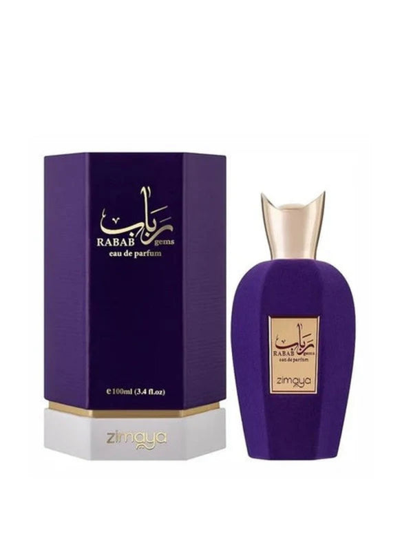 Rabab Gem by Zimaya 100ml EDP with matching purple and gold packaging, a sweet, woody eau de parfum in the perfumes & colognes category.