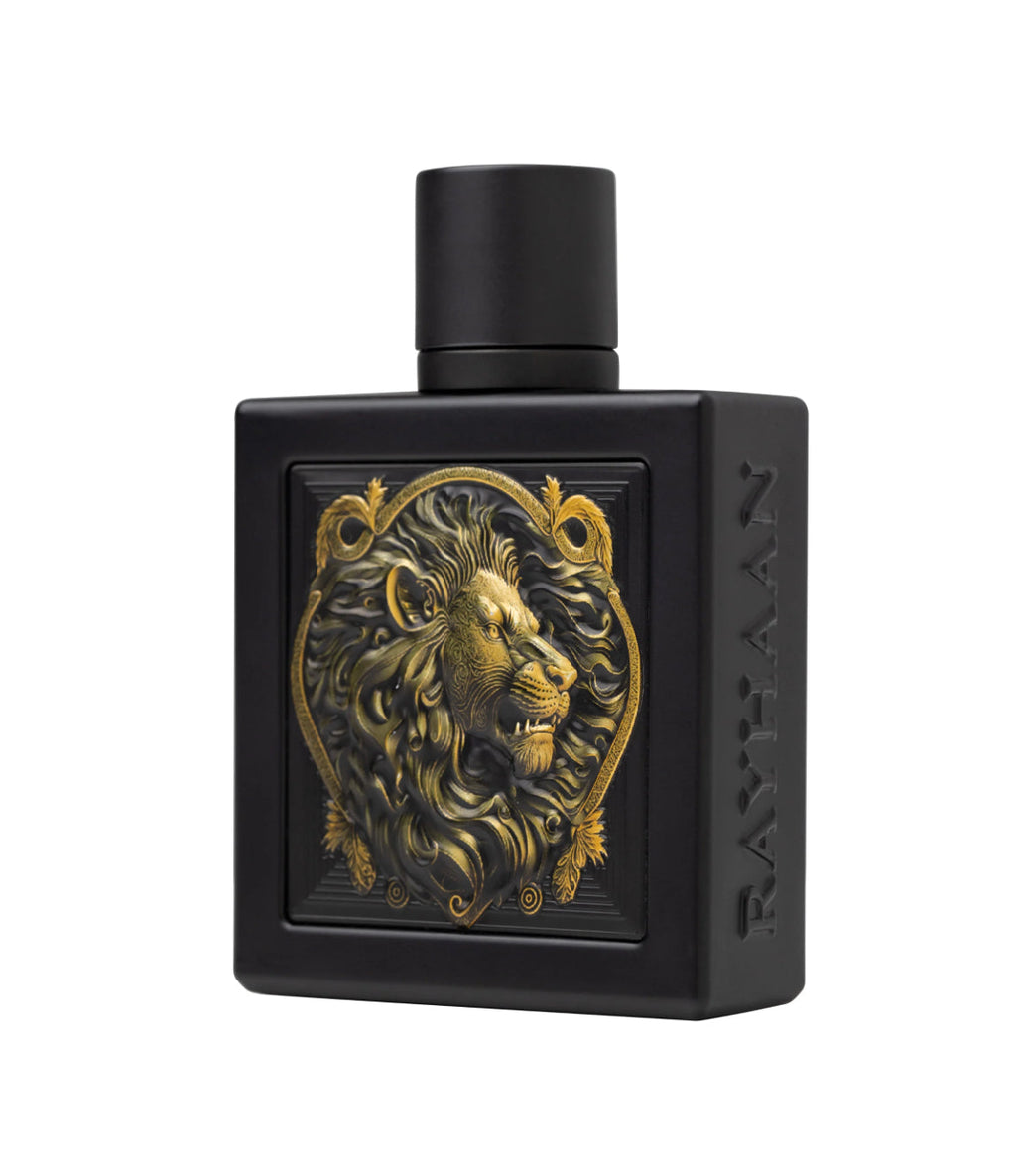 Black perfume bottle with gold lion design on a white background