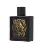 Black perfume bottle with gold lion design on a white background