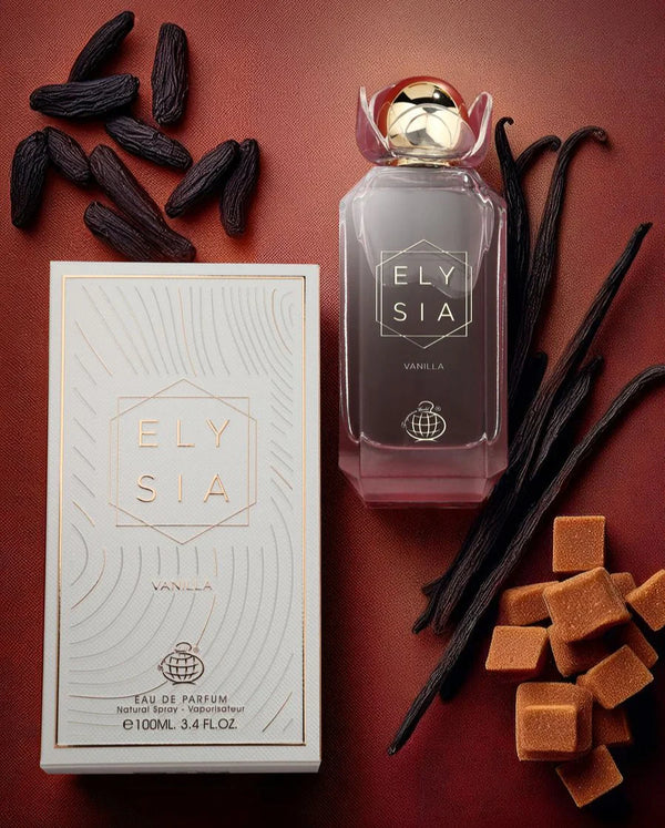 ELYSIA Vanilla by Fragrance World 100ml EDP perfume bottle and packaging displayed with vanilla beans and caramel cubes on a brown background. Premium eau de parfum in Health & Beauty category.