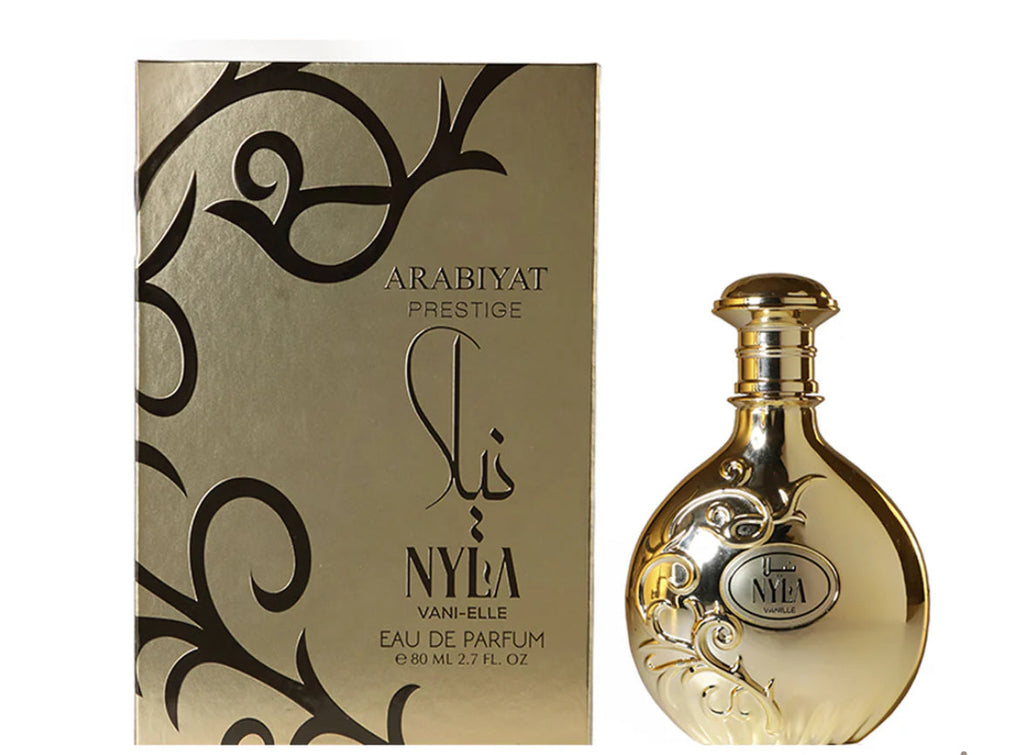 Nyla Vani-Elle by Arabiyat Prestige 80ml EDP with gold box and bottle, a unisex eau de parfum featuring gourmand, musky, and vanilla notes.