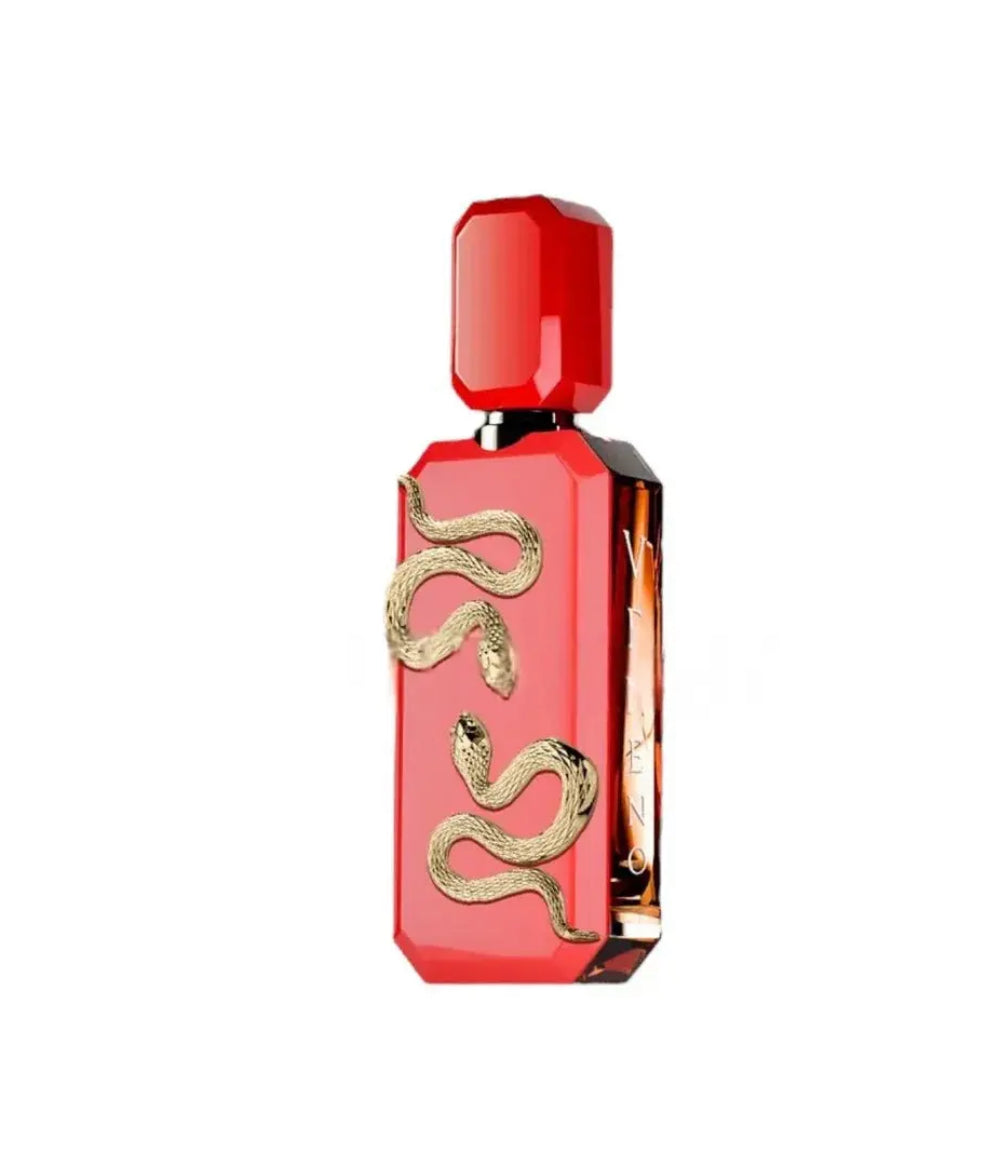 Red perfume bottle with gold snake design on a white background