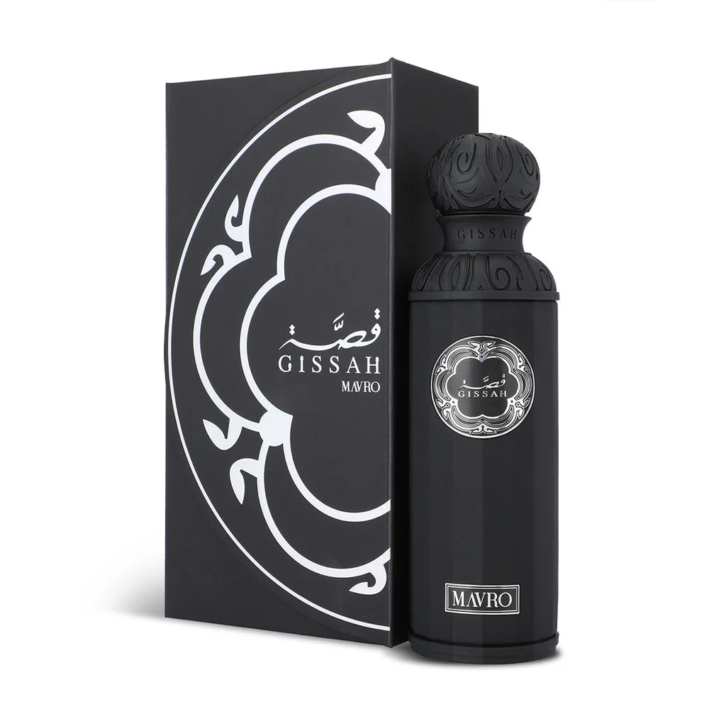 Gissah Mavro 50ml EDP with luxury packaging, showcasing a strong, woody, and spicy scent in the premium men's perfume category.