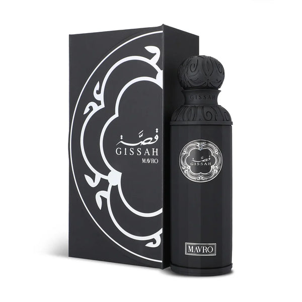 Gissah Mavro 50ml EDP with luxury packaging, showcasing a strong, woody, and spicy scent in the premium men's perfume category.