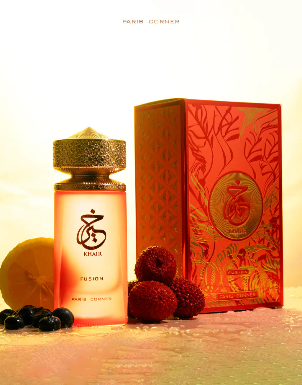 Khair Fusion by Paris Corner 100ML EDP displayed with luxury packaging and tropical fruits, highlighting its fruity, zesty, and musky fragrance profile.