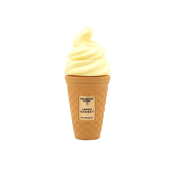 Ice cream cone-shaped container with lemon sorbet on a white background