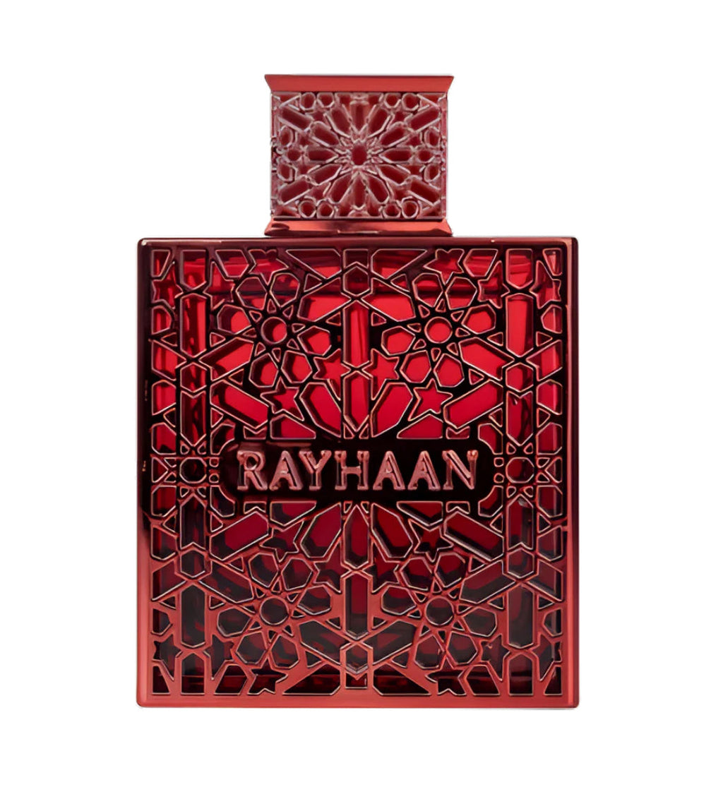 Red decorative bottle with intricate patterns and 'RAYHAAN' branding on a white background