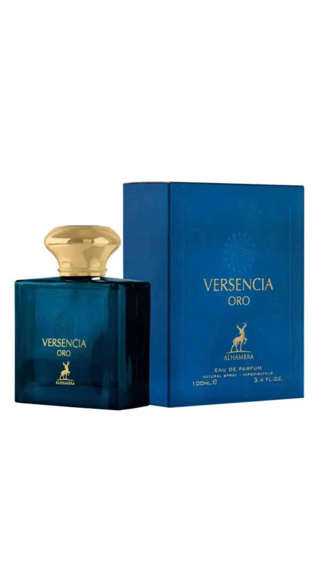 Versencia Oro perfume box and bottle with gold cap, blue glass