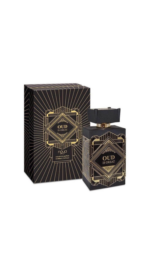 Elegant black and gold packaging box with geometric pattern for Zimaya Oud Is Great Perfume 100ml