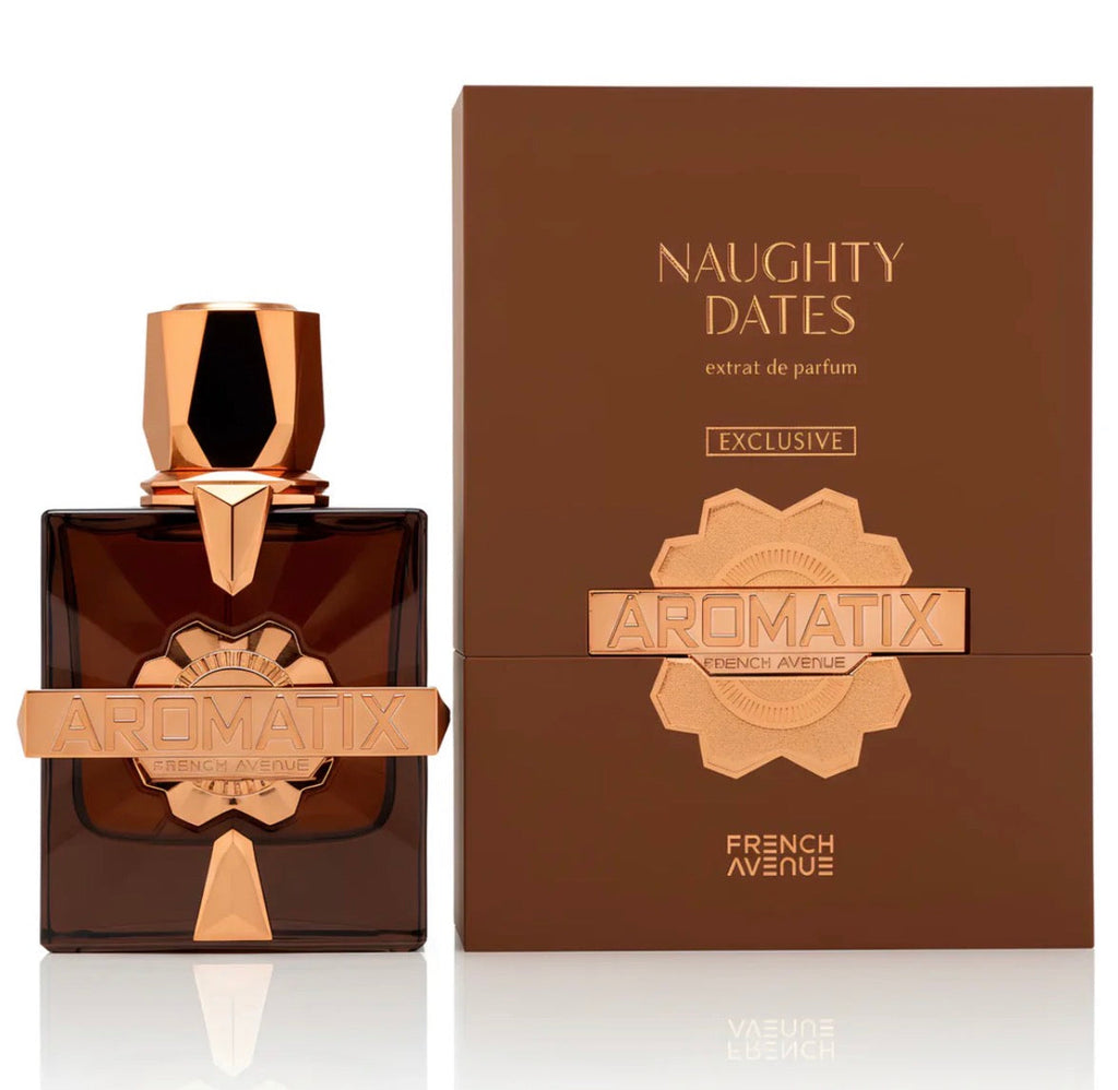 Aromatix perfume bottle and packaging with 'Naughty Dates' text on a white background