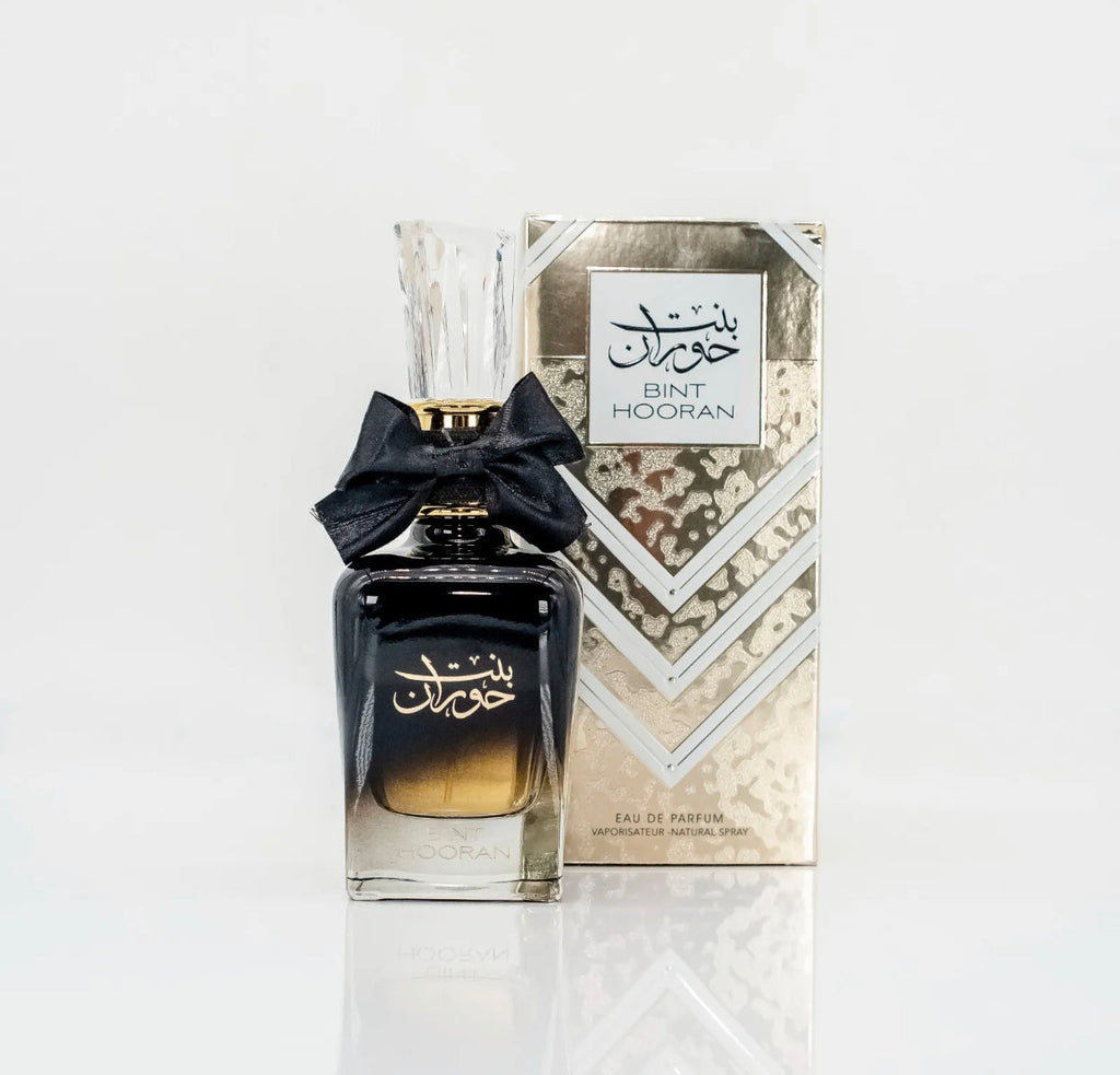 Elegant black and gold perfume bottle with bow, Bint Hooran perfume for women, 100ml EDP, luxury packaging
