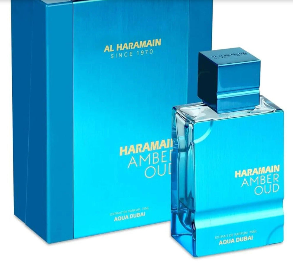 Al Haramain Amber Oud Aqua Dubai 100ml EDP with matching luxury blue box, a zesty and aromatic eau de parfum for modern masculine appeal.