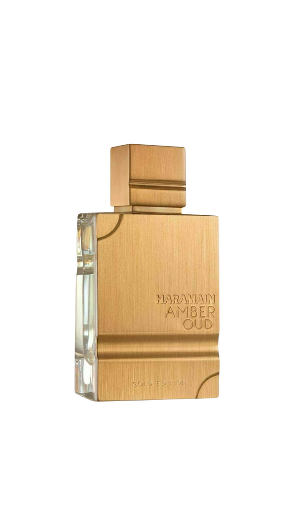 Amber Oud Gold Edition perfume bottle with gold finish and rectangular shape