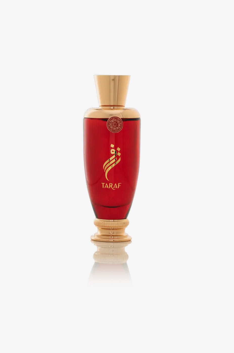 Taraf by Arabian Oud Eau de Parfum in a sleek red glass bottle with gold accents, showcasing a refined and opulent fragrance design.