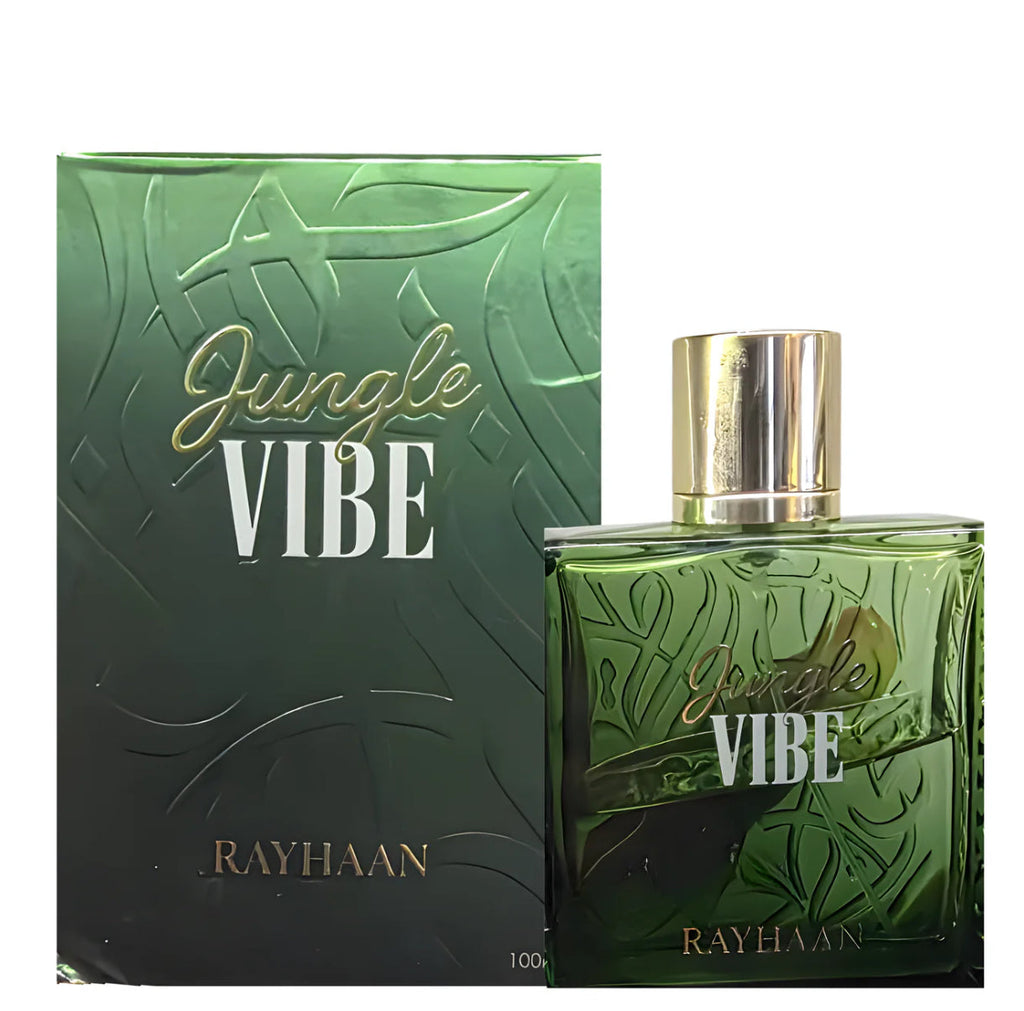 Green 'Jungle Vibe' Rayhaan perfume bottle and packaging on a white background