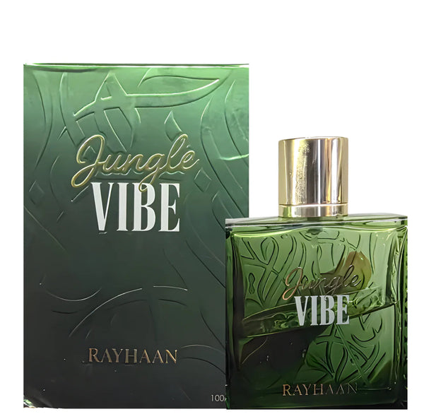 Green 'Jungle Vibe' Rayhaan perfume bottle and packaging on a white background
